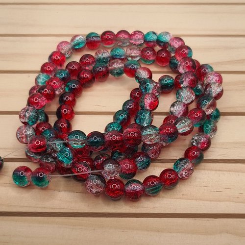 Fil de 105 perles ronde en verre craquelé cristal 8 mm rouge vert