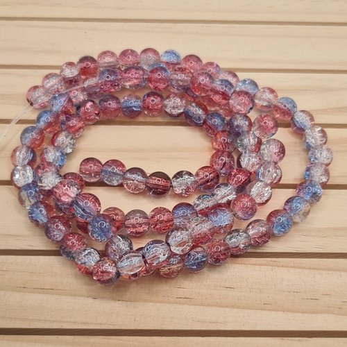Fil de 105 perles ronde en verre craquelé cristal 8 mm bleu rose