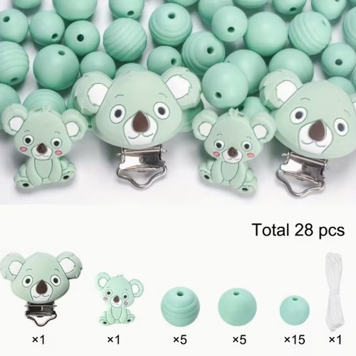 Ensemble de 28 perles en silicone fabrication attache tétine koala vert