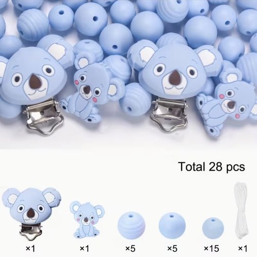 Ensemble de 28 perles en silicone fabrication attache tétine koala bleu