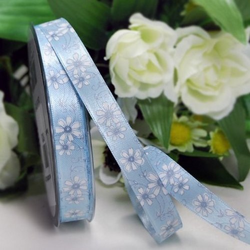 2 m de ruban galon fantaisie polyester 15 mm couture scrapbooking fleur blanche fond bleu
