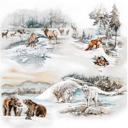 2 serviettes en papier 33 x 33 cm découpage collage animaux nature hiver neige ass 204