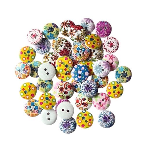 50 boutons rond en bois fantaisies scrapbooking 15 mm fleuri