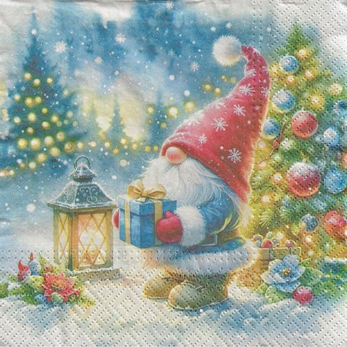 2 serviettes en papier 33 x 33 cm découpage collage noel gnome lanterne noss 611