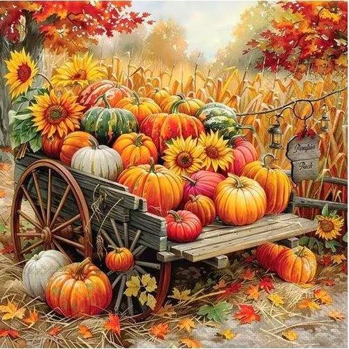 2 serviettes en papier 33 x 33 cm découpage collage nature automne brouette citrouille nss 100