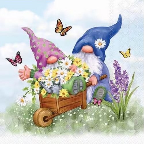 2 serviettes en papier 33 x 33 cm découpage collage gnomes au jardin fleur dss 100