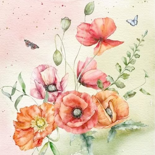 2 serviettes en papier 33 x 33 cm découpage collage bouquet de coquelicots flss 100