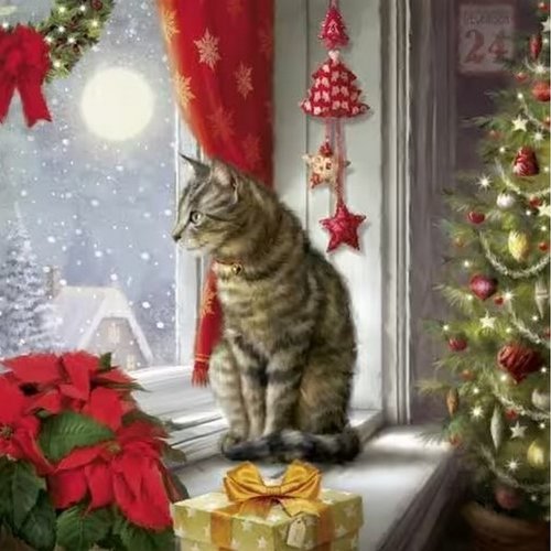 2 serviettes en papier 33 x 33 cm découpage collage noel chat fenetre sapin noss 101