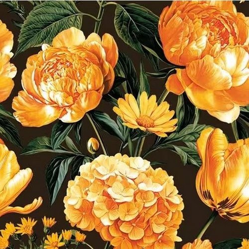 2 serviettes en papier 33 x 33 cm découpage collage fleur orange fond noir flss 114