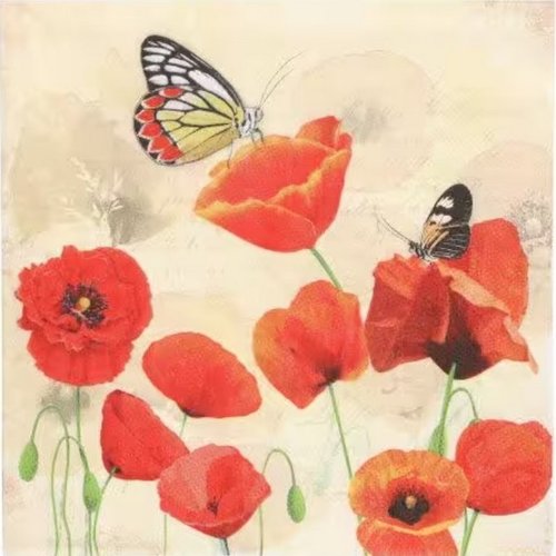 2 serviettes en papier 33 x 33 cm découpage collage papillon fleur coquelicot pss 103