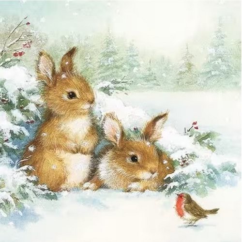 2 serviettes en papier 33 x 33 cm découpage collage lapin en hiver ass 113
