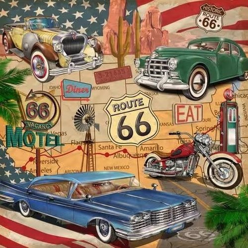 2 serviettes en papier 33 x 33 cm découpage collage route 66 vintage