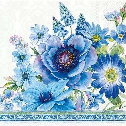 2 serviettes en papier 33 x 33 cm découpage collage fleur bleue flss 205