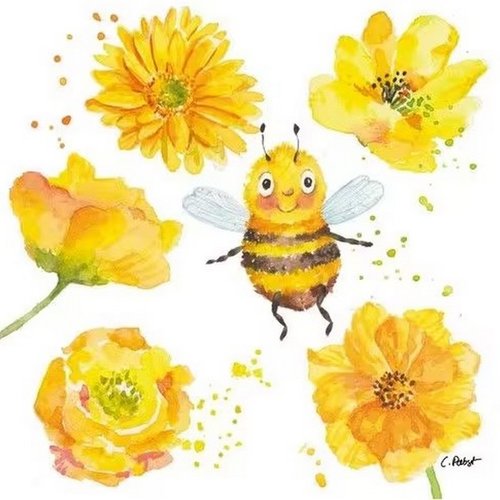 2 serviettes en papier 33 x 33 cm découpage collage fleur jaune abeille flss 209