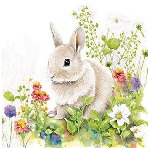 2 serviettes en papier 33 x 33 cm découpage collage lapin dans le jardin de fleurs ass 221