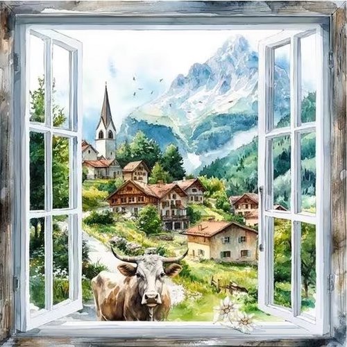 2 serviettes en papier 33 x 33 cm découpage collage vue sur montagne dss 109