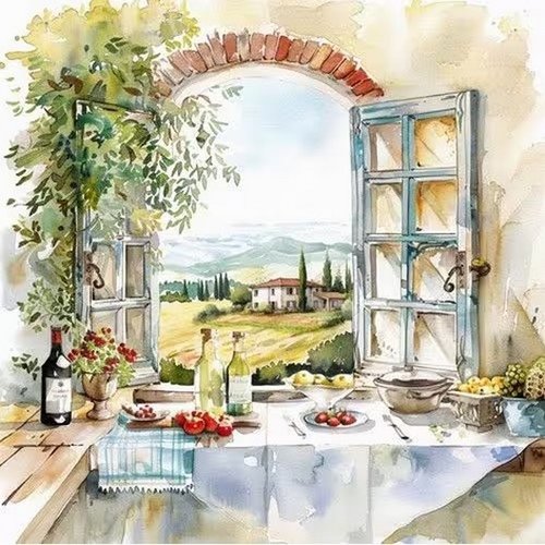 2 serviettes en papier 33 x 33 cm découpage collage vue sur la toscane d 108
