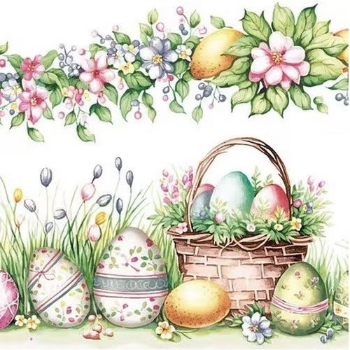 2 serviettes en papier 33 x 33 cm découpage collage panier de paques oeuf fleur jardin