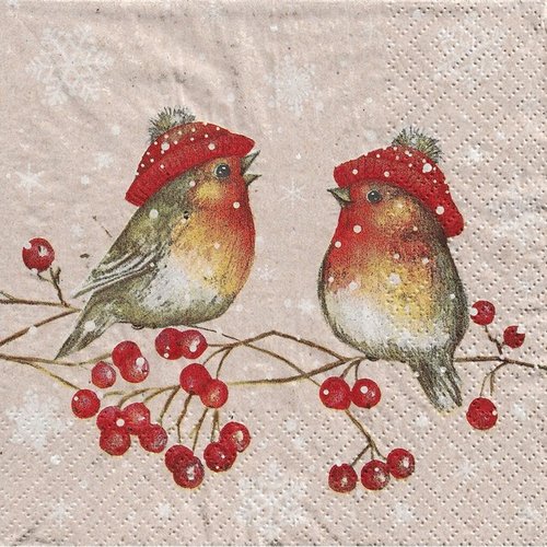 2 serviettes en papier 33 x 33 cm découpage collage noel oiseau fruits rouge  noss 715