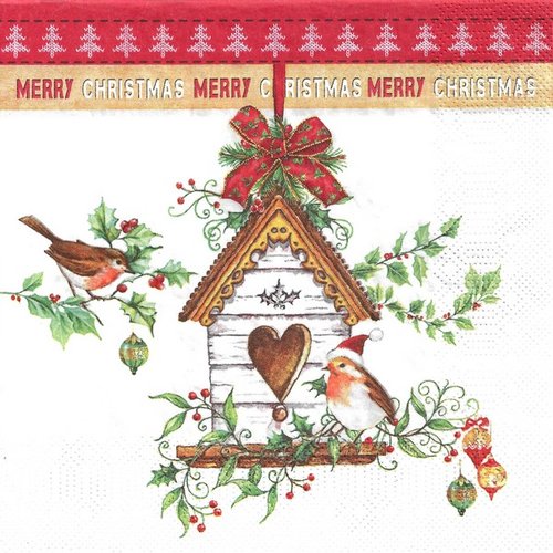 2 serviettes en papier 33 x 33 cm découpage collage noel oiseau nichoir noss 714