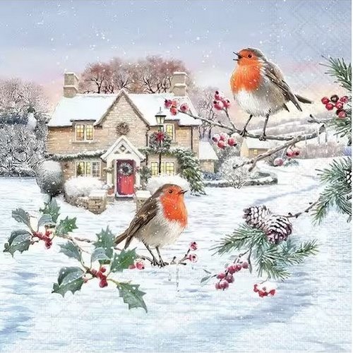 2 serviettes en papier 33 x 33 cm découpage collage oiseau nature enneigee noss 111
