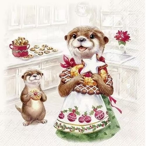 2 serviettes en papier 33 x 33 cm découpage collage famille de loutre noel noss 718