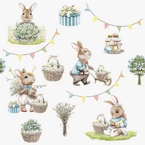 2 serviettes en papier 33 x 33 cm découpage collage lapin paques fleur panier