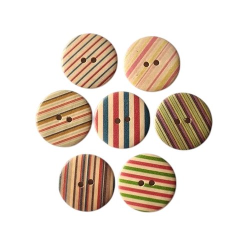 7 boutons rond en bois fantaisies couture scrapbooking 30 mm rayures