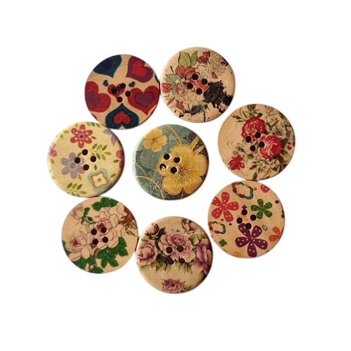 8 boutons rond en bois fantaisies couture scrapbooking 30 mm fleuri bb 201