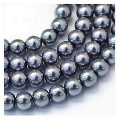 25 perles rondes en verre nacré 8 mm gris fonce