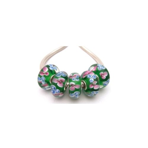 1 perle européenne verre de murano 8 x 15 mm argent fleur rose bleu 122