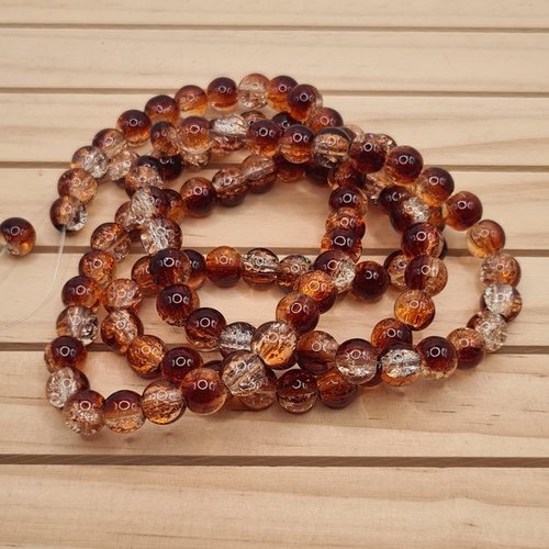 Fil de 105 perles ronde en verre craquelé cristal 8 mm orange marron