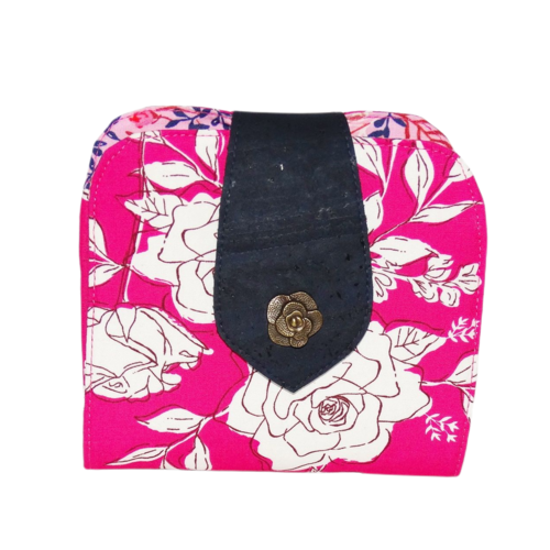 Mini portefeuille pour femme  en liège et tissu motif floral fuchsia