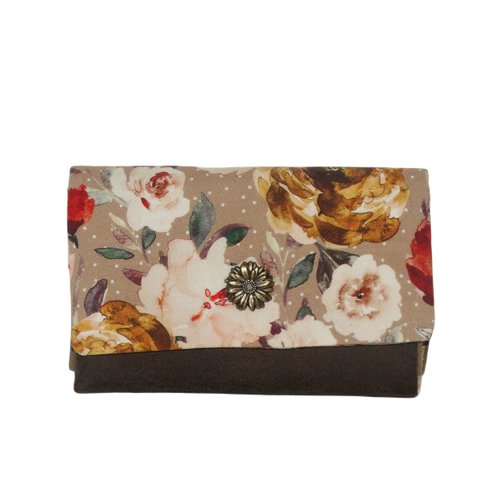 Portefeuille compact original pour femme en faux-cuir marron taupe et  tissu beige avec fleurs  style bohème romantique