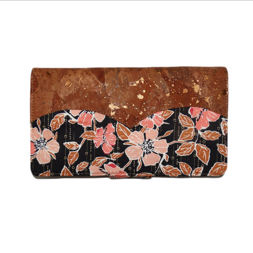 Porte-chéquier élégant femme, liège marron, éclats cuivrés  et en tissu noir fleurs roses style élégant, raffiné