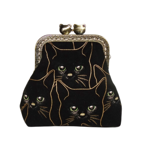 Porte-monnaie rétro femme, bourse vintage ,  tissu noir doré , motif  chat ,  fermoir métallique bronze