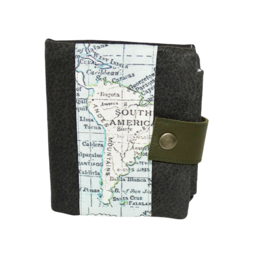 Petit portefeuille compact pour homme en faux cuir gris, tissu bleu avec carte,mappemonde