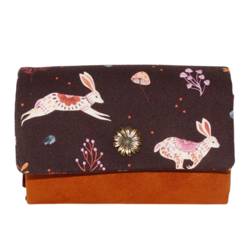 Portefeuille compact femme, tissu aubergine avec des lapins, faux-cuir imitation daim cuivre,  porte-cartes, élégant, mignon