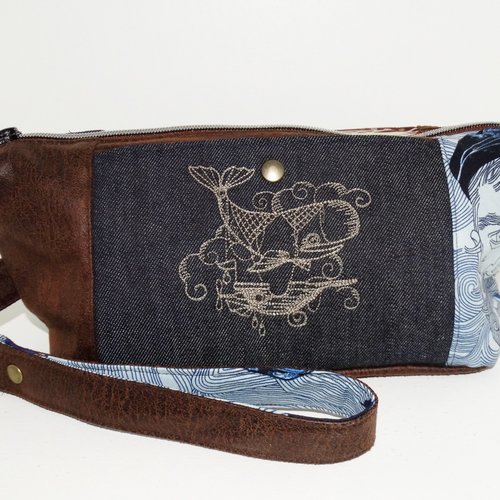 Grande trousse de toilette  pour homme, broderie baleine volante, similicuir marron, jeans bleu, tissu maritime, nautique