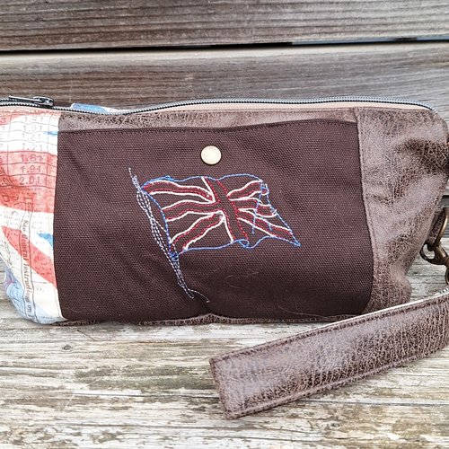 Grande trousse de toilette homme, faux cuir taupe, toile marron, broderie drapeau anglais, tissu vintage
