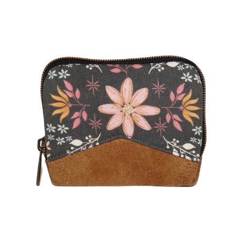 Mini portefeuille zippé pour femme en tissu noir avec des fleurs et en  faux-cuir camel