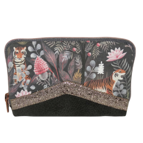 Portefeuille compact pour femme avec fermeture zippée en faux cuir gris et bronze et tissu avec des tigres