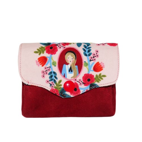 Petit porte-monnaie accordéon femme en tissu rose alice au pays des merveilles et suédine rouge, 3 compartiment