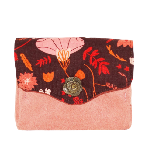 Petit porte-monnaie accordéon femme tissu marron avec fleurs et feuilles, suédine rose orangé,  porte-cartes
