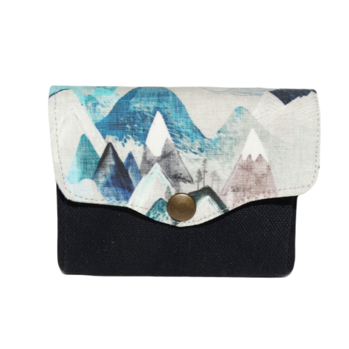 Petit porte-monnaie accordéon homme, 3 compartiments, toile de coton bleu marine, tissu gris avec des montagnes, mappemonde