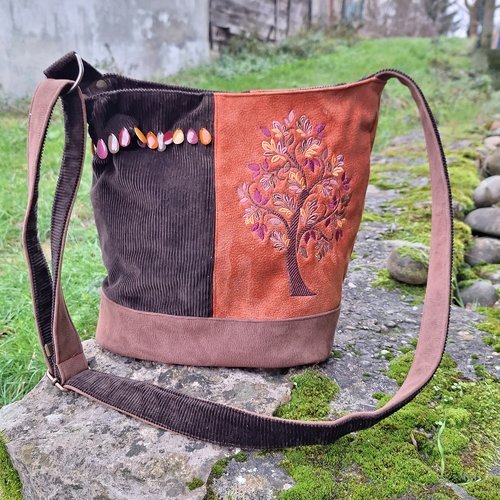 Grand sac à main seau femme, broderie arbre et feuilles, faux cuir orange, velours côtelé marron, faux cuir marron