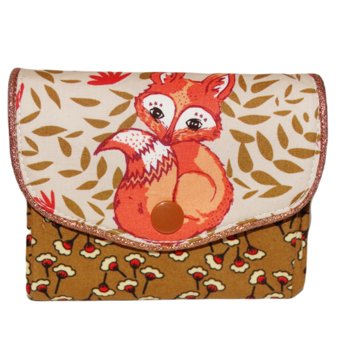 Petit porte-monnaie accordéon pour femme  en tissu beige avec renard et tissu caramel / ocre avec des fleurs, porte-cartes