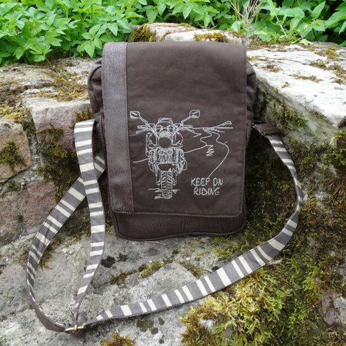 Sacoche pour homme, sac à bandoulière en simili-cuir  marron, toile, tissu coton rayé broderie moto cross