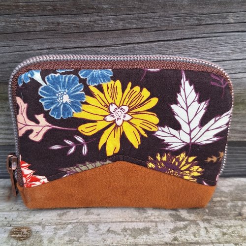 Mini portefeuille zippé pour femme en tissu marron avec des fleurs, faux cuir cuivre,  porte-cartes  minimaliste