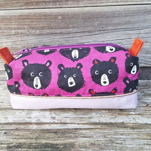 Trousse à stylos et crayons pour femme , pochette à maquillage en tissu violine avec des oursons et faux cuir mauve, fourre-tout mignon